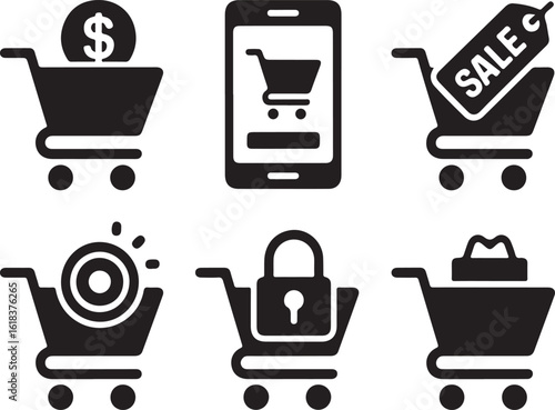 E-Commerce Cart Action Icons – Cart with Dollar, Mobile Cart, Discount Tag, Cart Loading, Locked Cart, and Abandoned Cart