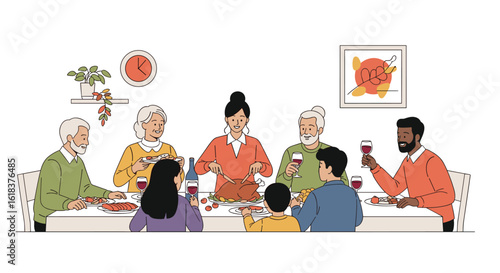 A joyful family gathering around the dinner table sharing a meal together