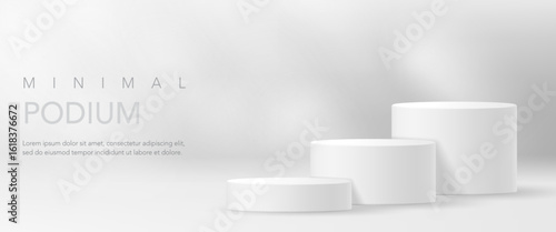 Realistic 3D white cylindrical steps podium background with round stand pedestal, Clean empty wall scene. Minimal mockup, cosmetic product promotion display banner, stage showcase.