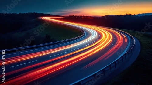Vivid light trails weave along a curving highway at dusk, glowing orange and red against the deep blue sky in a stunning long-exposure photograph