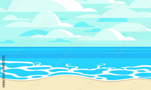Flat vector beach scene with blue sea, soft sand, and cloudy sky. Perfect for summer ads, holiday banners, travel blogs, and tropical-themed designs.