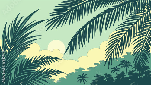 Tropical Palm Trees Silhouette against Sunset Sky with Clouds, Vector Illustration