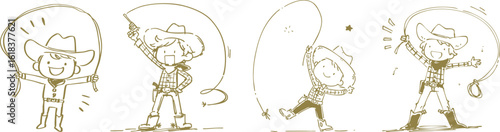 Series of cartoon children dressed as cowboys, holding lasso ropes, and wearing hats, engaging in playful activities outdoors, expressing joy and excitement, with cheerful and lively atmosphere