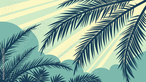 Tropical Palm Leaves against Sunset Sky with Clouds, Vector Illustration