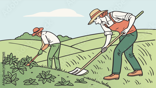 Farmers Weeding Field with Tools during Sunny Day