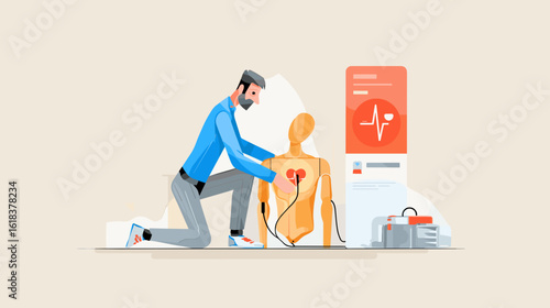 Man performing CPR on a training mannequin in a medical simulation  
