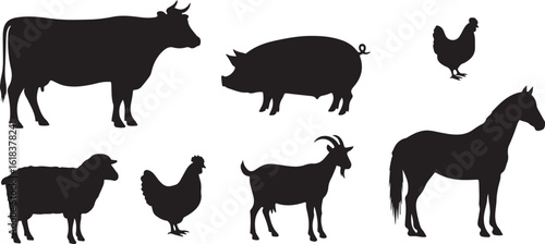 Collection of farm animal silhouettes isolated on transparent background