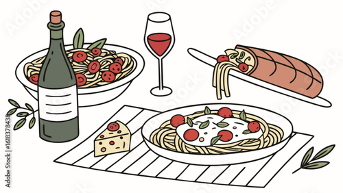 Italian Pasta with Red Wine and Cheese on White Tablecloth
