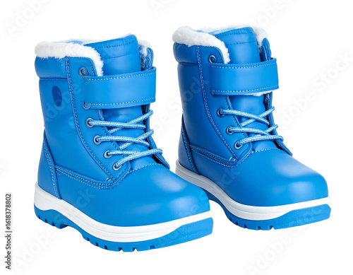 Pair of winter snow boots isolated on white. Child's blue shoes.Kid's footwear.