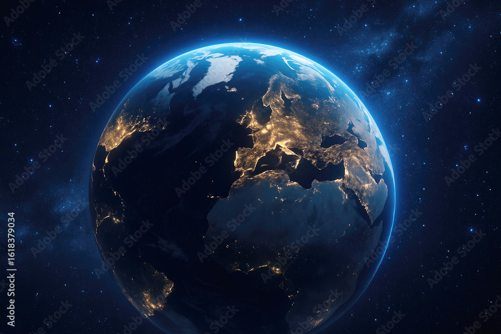 Fototapeta premium Earth illuminated at night showcasing city lights and natural landscapes from space during a clear cosmic perspective