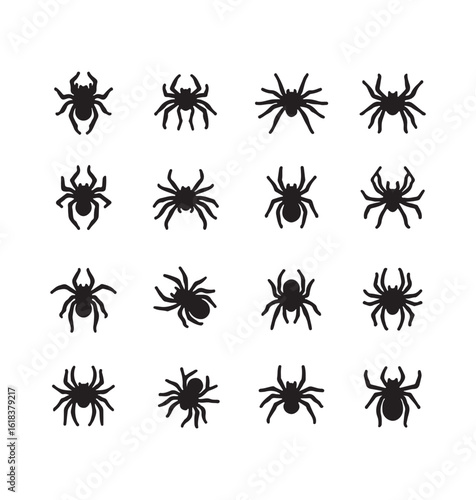  A bold collection of black spider silhouettes in multiple forms and angles, ideal for Halloween themes, insect illustrations, horror designs, and creepy crawler graphic projects.