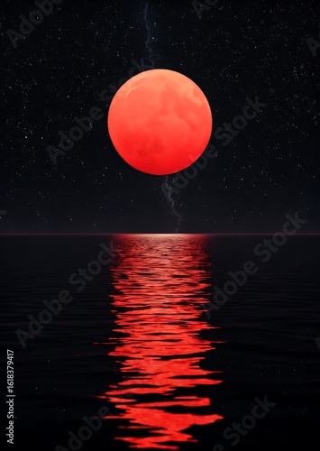 Vibrant red moon reflects on calm water under starry night sky