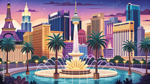 Colorful cartoon vector of Las Vegas Strip skyline with neon casino signs, fountains, and palm trees. Perfect for USA travel, nightlife, and entertainment themes