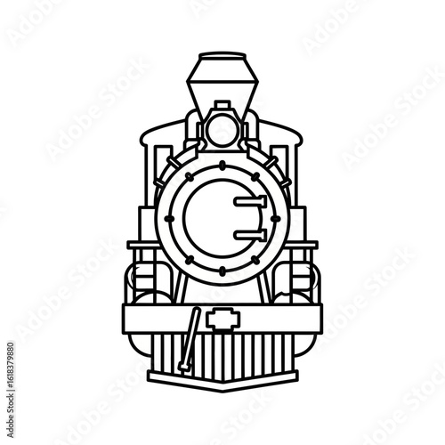 Black and white illustration of a steam train engine front view.