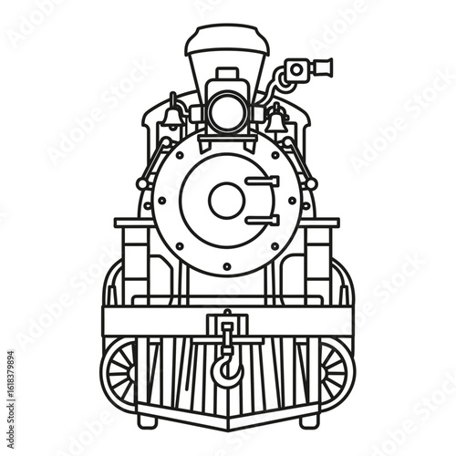 Line drawing of a steam train locomotive front view on a white background.