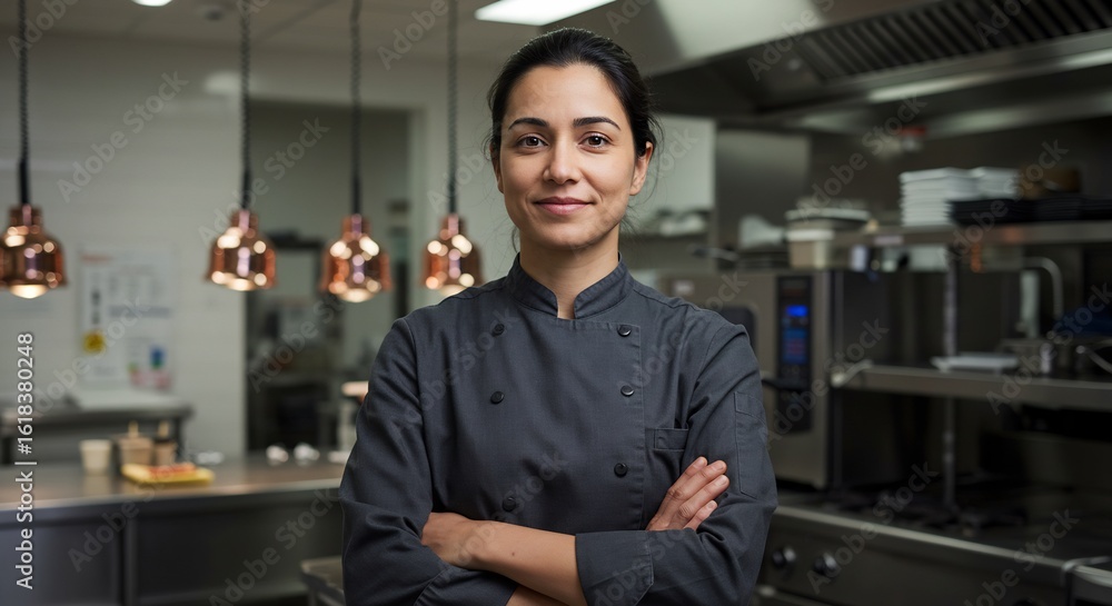 Fototapeta premium Confident Female Chef Posing in Modern Restaurant Kitchen, Arms Crossed, Smiling at the Camera with a Professional Demeanor
