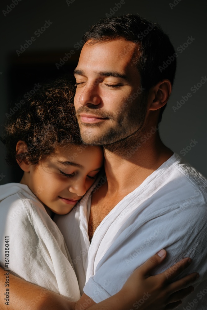 Obraz premium Tender moment between hispanic adult male and young girl in soft light