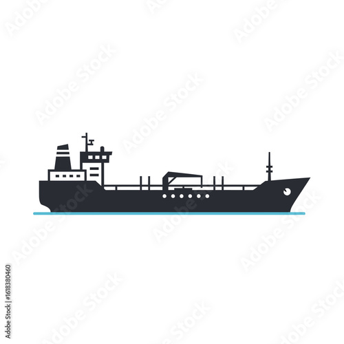 A black cargo ship or tanker vessel isolated on a white background.