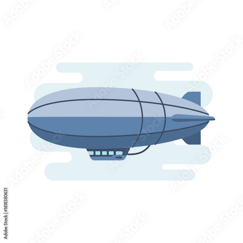 A blue airship or zeppelin floats against a light blue background.