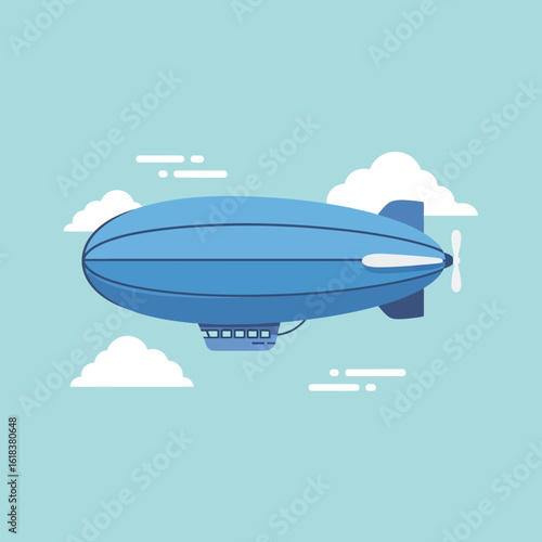 Blue airship flying in the sky with white clouds illustration.