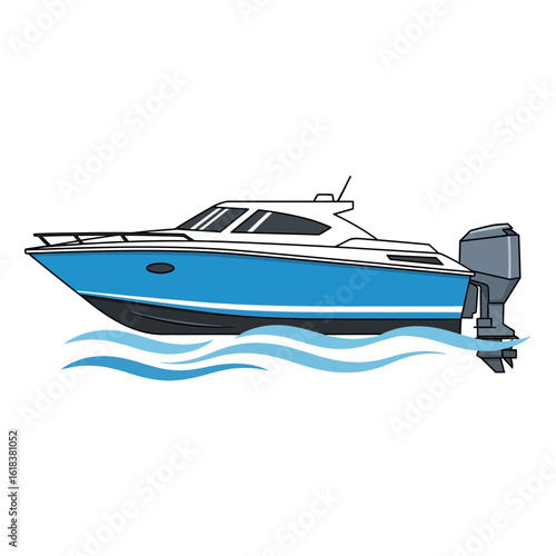 Blue and white motorboat on water with outboard engine isolated on white.