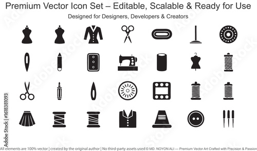 Sewing and tailoring icon set with dress forms and scissors