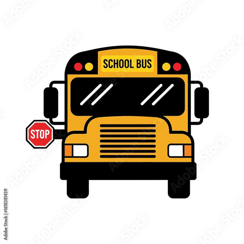 Yellow school bus with stop sign extended isolated on a white background.