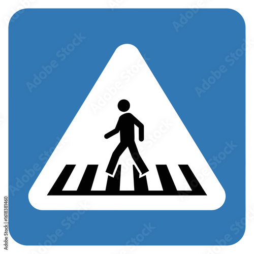 Blue road sign showing pedestrian crossing with a person walking on stripes.