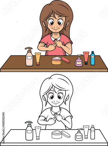 Niña Aplicando Crema Facial con Cosméticos – Ilustración Vectorial a Color y en Línea