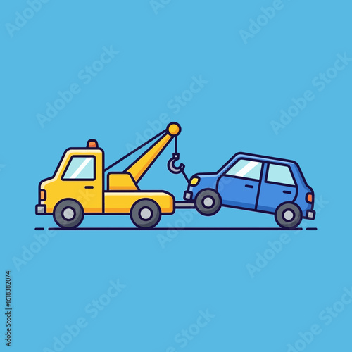 Yellow tow truck towing a blue car on a light blue background.