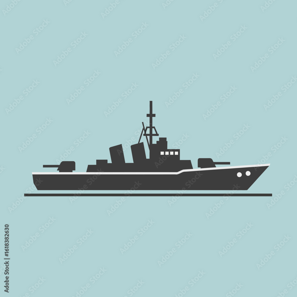 Obraz premium Silhouette of a warship or naval vessel against a light blue background.
