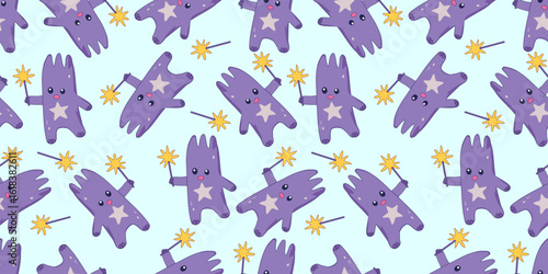 Seamless pattern of  cute cartoon creature with  magic wand in its paws. Magical fairy-tale creature. For backgrounds, wallpapers, textiles, packaging or websites.