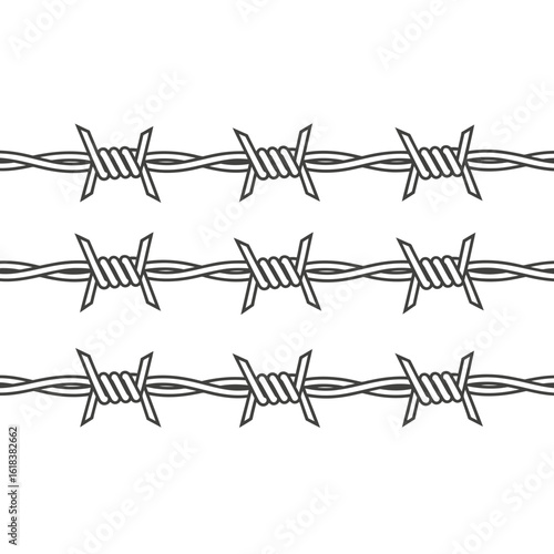 Three rows of silver barbed wire against a white background.