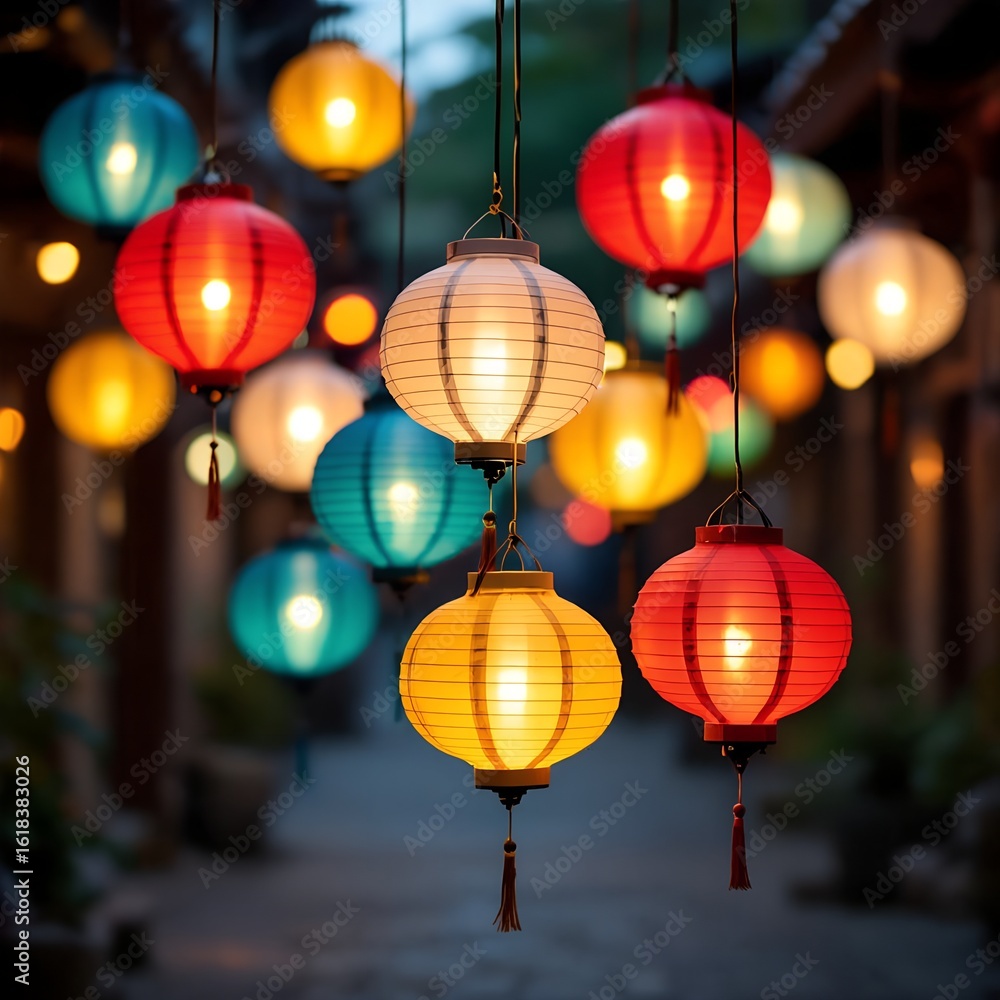 Fototapeta premium Colorful lanterns illuminate narrow streets during a festival in Hoi An, Vietnam, creating a vibrant display of light and culture after dusk, adding a festive atmosphere colorful, hoi, vietnam, asia,