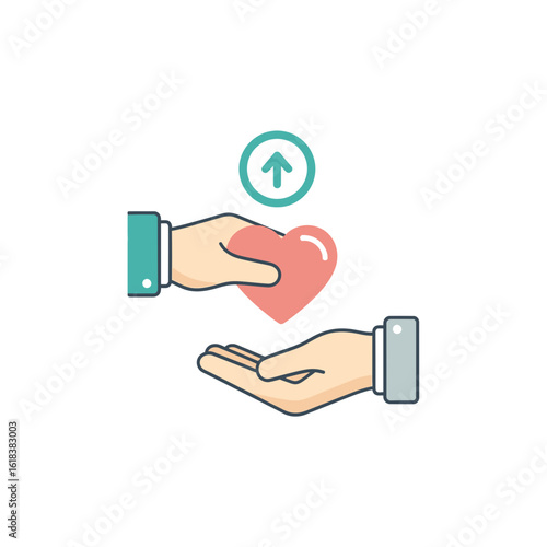 Two hands exchanging a heart with an upward arrow above the heart.