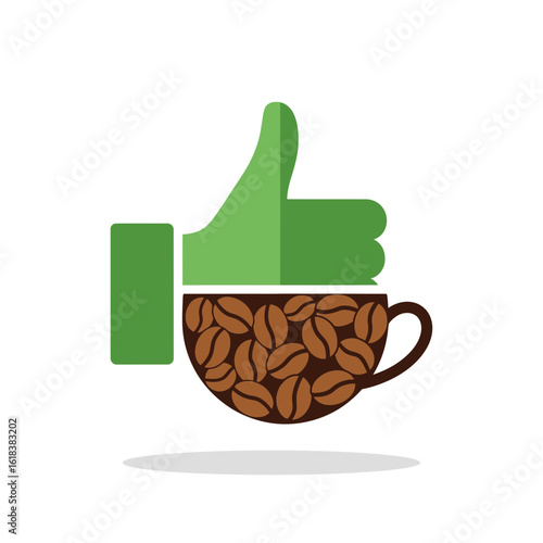 Thumbs up icon combined with a coffee cup filled with coffee beans.
