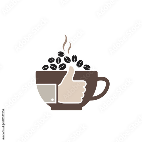 Coffee cup filled with coffee beans and a thumbs up symbol on the side.