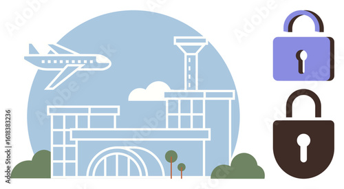 Airplane above modern airport terminal with control tower, surrounded by two padlocks. Ideal for travel, security, aviation, airport safety, transport, global connectivity, simple flat metaphor