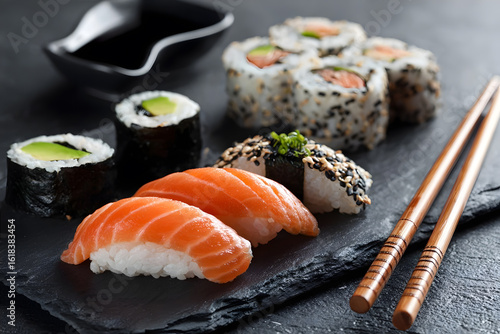 Fresh sushi on a black slate, beautifully arranged.