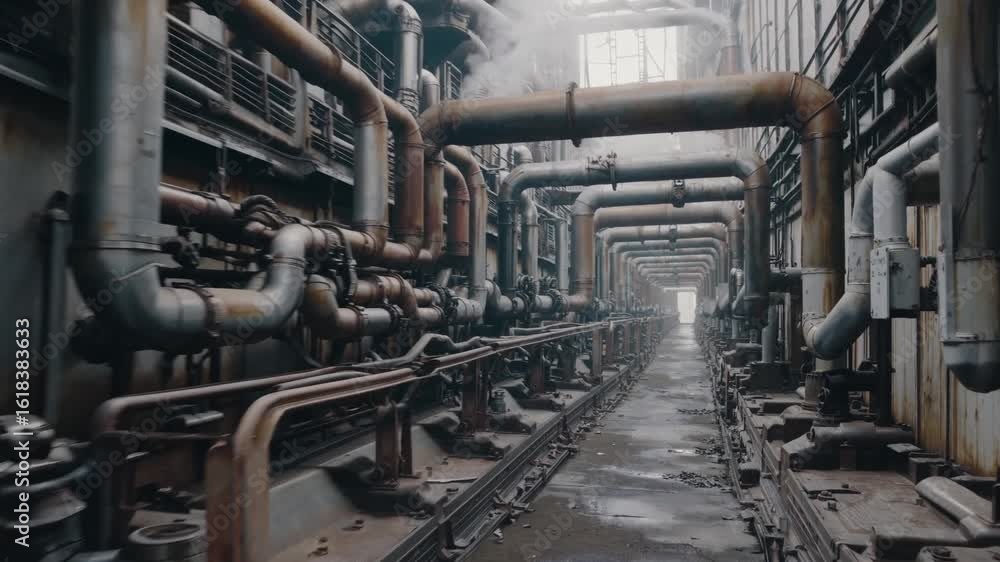 Abandoned industrial alley with pipes and rusty walls in gritty atmosphere - urban decay and post-apocalyptic concept Abandoned industrial alley with pipes and rusty walls in gritty atmosphere - urban decay and post-apocalyptic concept