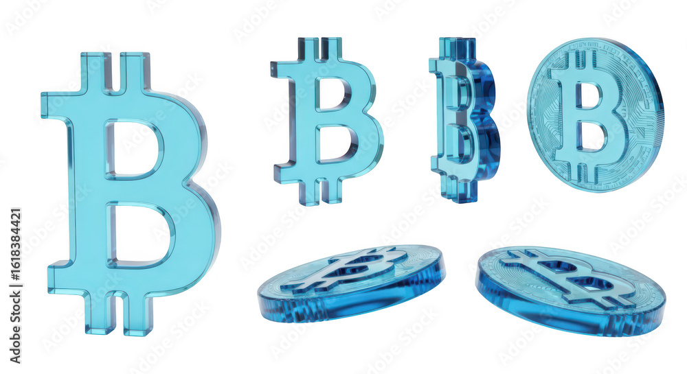 Obraz premium A collection of transparent blue cryptocurrency symbols in various angles against a bright white background for illustrative or educational purposes