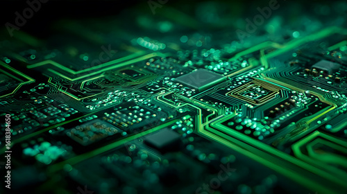 Green circuit board with glowing lines and components.