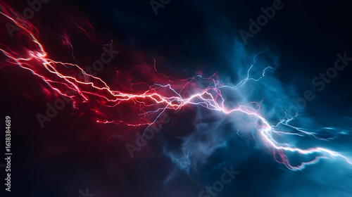Electric red and blue lightning in the dark sky.