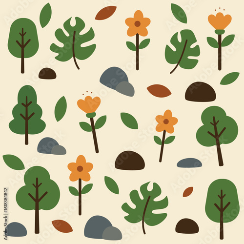 Nature Pattern Illustration with Trees, Flowers, and Leaves
