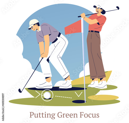 Golfers Preparing for a Shot on the Green Vector Illustration