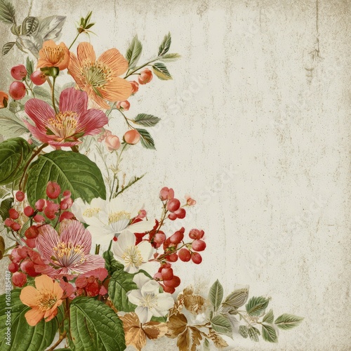Digital scrapbook template with vintage floral illustrations