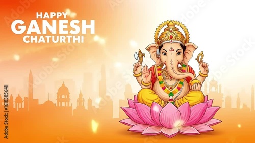 Festive greeting for Happy Ganesh Chaturthi. An illustration of the Hindu deity Ganesha on a lotus with a city skyline on a bright orange background