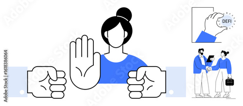 Strong hand gesture emphasizes boundary-setting, decision-making, and control. Minimalist design includes financial themes, professional collaboration, DeFi, empowerment, negotiation, and equality