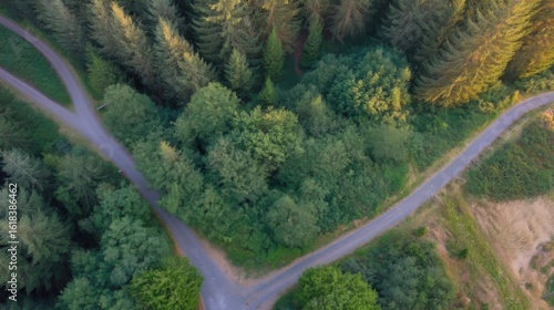 Aerial view of a Y-shaped road intersection in a dense pine forest,