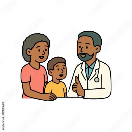Child with mother receiving advice from male physician, flat cartoon style healthcare visit and pediatric wellness check